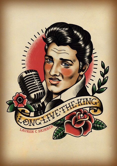 Elvis the king Elvis Presley Old, Elvis Tattoo, Sailor Jerry Tattoo Flash, Traditional Tattoo Old School, Elvis Art, Tattoo Portrait, Long Live The King, Retro Tattoos, Tattoo People