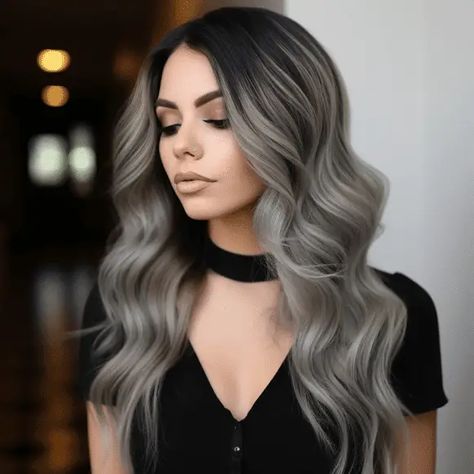 Black Root Melt Blonde Hair, Titanium Hair Color, Black To Silver Ombre, Silver Ombre Hair, Ombre Hair Color Ideas, Best Ombre Hair, Pink Purple Hair, Two Tone Hair, Highlight Ideas