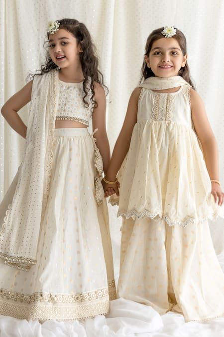 Buy Ivory Cotton Lining Mulmul Embroidered Thread Work And Sequin Lehenga Set For Girls by Chotibuti Online at Aza Fashions. Sequin Lehenga, Hand Embroidered Dress, Embroidery Neckline, Desi Dress, Ethnic Wear Indian, Kids Ethnic Wear, Diwali Outfits, Wedding Dresses For Kids, Lehenga Designs Simple