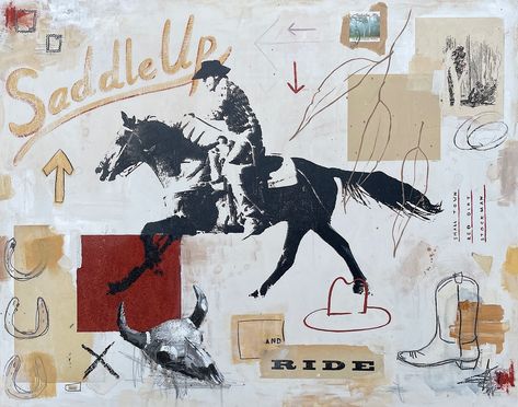 ‘The Lucky Country’ 2024 Acrylic, screenprint, collage, oil pastel, marker, pencil This one is going in an equine themed show in a bit over a month 🐎 + + + #artreveal #westernart #cowboyart #horsegirl #australianartist #cowboy #screenprint#mixedmedia #art #paint #artist Acrylic Marker Art, Cowgirl Painting, Collage Acrylic Painting, Cowboy Painting, Cowgirl Room, Austin Apartment, Cowgirl Summer, Gang Gang, Art Frames