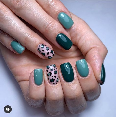 Green Cheetah Nails, Green Leopard Print Nails, Leopard Print Nails Fall, Pretty Nails For Fall, Green Leopard Nails, Teal Fall Nails, Fall Leopard Nails, Print Nails Design, Teal Nail Designs