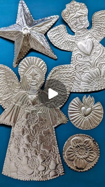 Regina Lord - Creative Kismet on Instagram: "Angels, stars, hearts and flowers. All hand embossed using 36g aluminum, a dull pencil, pencil smudger and scissors. So fun. (Not for sale). . . . . . #metalembossing #christmasdecorations #holidayornaments #handmadechristmas #holidaydecor #artbyReginaLord" Metal Embossed Art, Aluminum Foil Embossing, Diy Metal Ornaments, Embossed Metal Art, Tin Foil Crafts, Embossing Foil, Embossing Art, Tin Foil Art, Metal Embossing Art