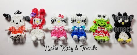 Hello Kitty and her friends are here.  Make these favorite Sanrio Characters on the Rainbow Loom.  Here's the link for the tutorials: http://www.youtube.com/playlist?list=PLZgH907VdTZtds2y2nU3st4NzxoMWcjSP.   For extended looms (two looms) the tutorials are here: http://www.youtube.com/playlist?list=PLZgH907VdTZuIOhT-ZHNpA81ipuiVuJ7_ Sanrio Loom Bracelet, Hello Kitty Loom Bracelet, Cute Rainbow Loom Charms, Hello Kitty Rainbow Loom Bracelet, Rubber Band Charms Without Loom, Rainbow Loom Characters, Hello Kitty And Her Friends, Lumigurumi Rainbow Loom, Loom Band Charms