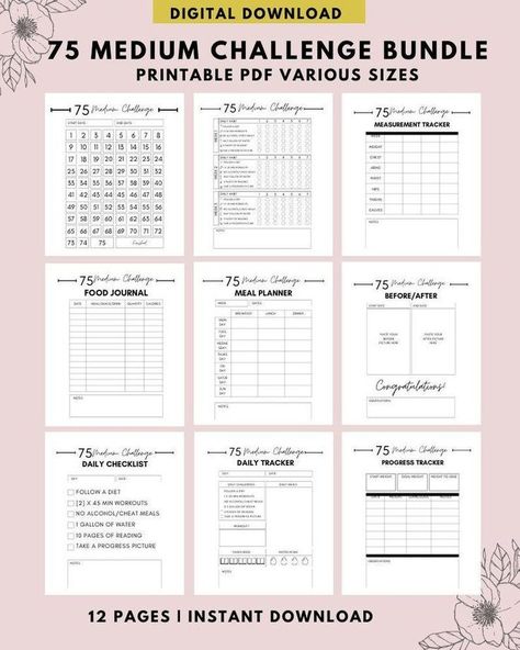 75 Medium Challenge Tracker, 75 Medium Challenge, 75 Day Challenge, 45 Min Workout, 45 Minute Workout, 75 Medium, Challenge Tracker, Workout Chart, Day Challenge