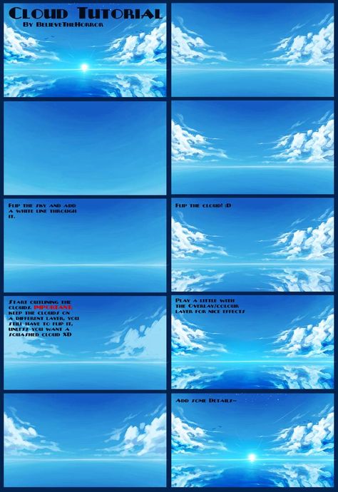 Cloud Tutorial by BelieveTheHorror on DeviantArt Cloud Tutorial, Concept Art Tutorial, Digital Painting Techniques, Digital Art Beginner, Hur Man Målar, Digital Painting Tutorials, Anime Drawings Tutorials, Environment Concept Art, Art Tutorials Drawing