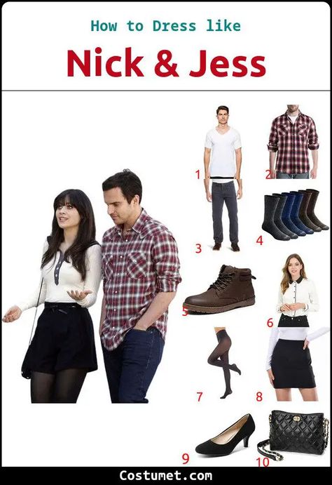 Nick and Jess Costume Jess And Nick Costume, Nick And Jess Costume, Nick Miller Costume, Nick And Jess Halloween Costume, Jess And Nick, Jess Day, Brown Casual Boots, Nick And Jess, Blouse With Buttons