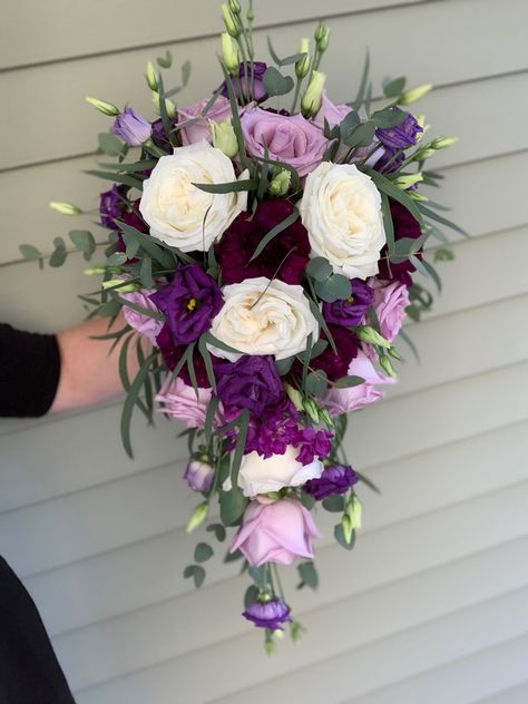 @flowersbyaprilct Purple Cascading Bouquet, Lavender Cascading Bouquet, White Bouquet With Purple Accents, Purple And White Cascading Bouquet, Purple Bridal Bouquet Budget-bride.shop, Cascading Bridal Bouquets, Purple Wedding Bouquets, Purple Bouquet, Cascade Bouquet