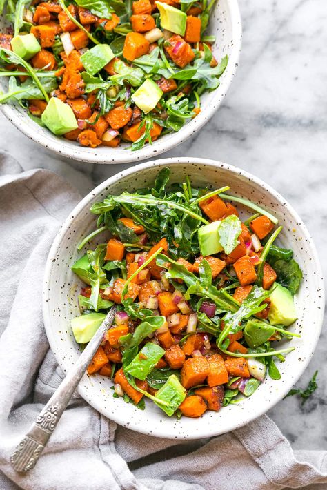 This healthy Sweet Potato Salad with avocado combines sweet, creamy, warm, and cold elements and can be enjoyed warm or cold. It’s a great vegetarian meal or side dish. #sweetpotato #avocado #salad #vegetarian #glutenfree #vegan Easy Vegetarian Dinner Recipes, Great Vegetarian Meals, Vegetarian Dinner Recipes, Potato Salad Healthy, Salad Vegetarian, Vegan Paleo Recipes, Sweet Potato Salad, Salad With Avocado, Easy Vegetarian Dinner