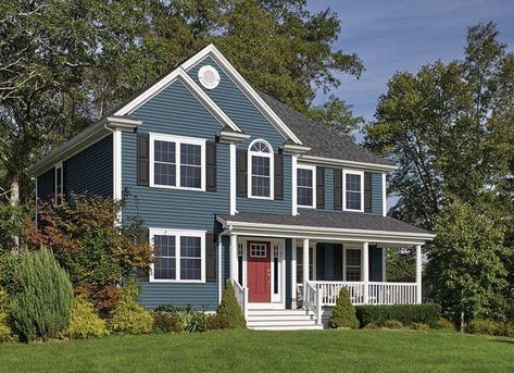 Red and blue exterior color combo idea | These Classic Vinyl Siding Colors Deliver Curb Appeal for Years Blue Vinyl Siding, Vinyl Siding House, Siding Colors For Houses, Siding Choices, Vinyl Siding Colors, Blue Siding, Clapboard Siding, Siding Options, Black Shutters