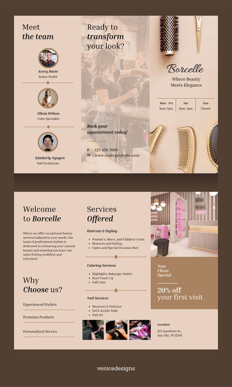 Beauty Salon Trifold Brochure Canva Brochure Ideas, Beauty Salon Brochure, Natural Updo, Brochure Ideas, Special Occasion Hairstyles, Trifold Brochure Template, Professional Stylist, Trifold Brochure, Beauty Services