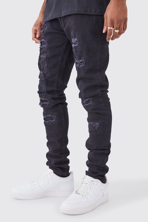 Womens Tall Skinny Stacked Distressed Ripped Jeans - Black - 32 - These men's tall jeans are an everyday staple for guys that are 6ft 4 and over. Jeans are a casual and smart item to wear in any setting. Whether you're running errands or going out for the day, this everyday pair of jeans is for you. Tailored for tall men, you can easily find something to go with this pair of jeans. For a casual look, keep it simple with a plain tee, sneakers, and your favorite watch. For a smart-casual look, pai Mens Ripped Jeans, Plain Jeans, Jeans Outfit Men, Ripped Jeans Men, Wardrobe Classic, Black Ripped Jeans, Jeans Fabric, Drip Outfit Men, All Nike Shoes