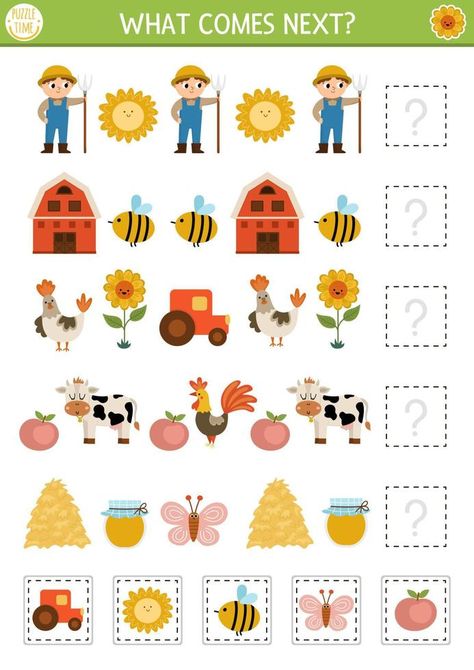 What comes next. Farm matching activity for preschool children with traditional country symbols and characters. Funny rural village puzzle. On the farm logical worksheet. Continue the row game Country Symbols, Mazes For Kids Printable, Activity For Preschool, Rural Village, Mazes For Kids, Alphabet Activities Preschool, Vector Sketch, Matching Activity, Math Activities Preschool