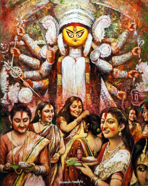 'Sindoor Khela' - Milanendu Mondal - Acrylic on Canvas - 30" x 36" Navratri Story, Durga Puja Drawing, Navratri Colours, Mother Durga, Craft Exhibition, Durga Maa Paintings, India Places, Places To Visit In India, Durga Pooja