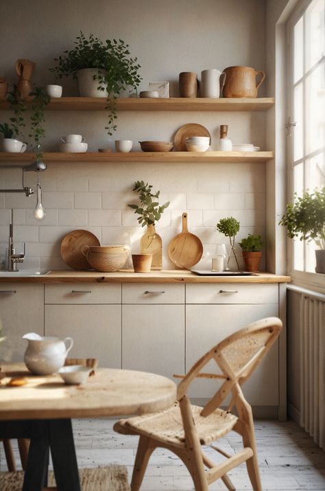 Scandinavian Kitchen Shelves, Scandinavian Kitchen Wall Shelves, Scandinavian Kitchen Open Shelves, Kitchen Shelves Oak, Scandinavian Kitchen Tiles, Open Timber Shelves Kitchen, Creme Kitchen, Open Shelf Kitchen Ideas, Kitchen Cozy