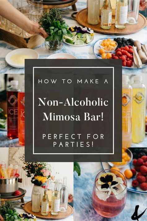 Set up a Non-Alcoholic Mimosa bar for your next party! These easy drink ideas are great for kids and make it fun to DIY their mocktail! AD #mocktail #mocktailbar #SparklingIceFun Non Alcoholic Party Ideas, Mocktail Bar Setup Ideas, Easy Bar Set Up For Party, Mock Mimosa Bar Ideas, Brunch Mocktail Non Alcoholic, Momosa Mimosa Bar Virgin, Faux Mimosa Bar, Beverage Bar Ideas Party, Creative Mocktails Presentation