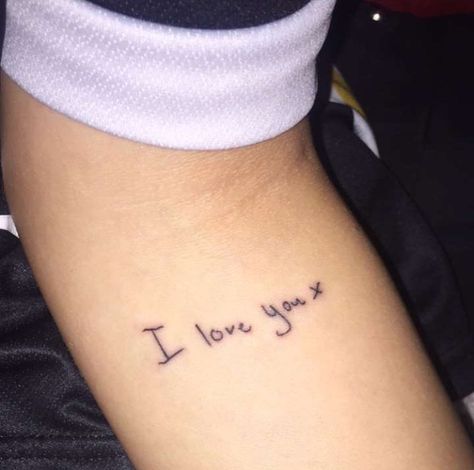 Boyfriend girlfriend tattoo, meaningful , boyfriends handwriting tattoo, I love you Boyfriend Girlfriend Tattoos, Girlfriend Tattoos, Handwriting Tattoo, Handwriting Tattoos, Tattoo Meaningful, Medium Tattoos, Tattoo For Boyfriend, Matching Tats, Love Yourself Tattoo