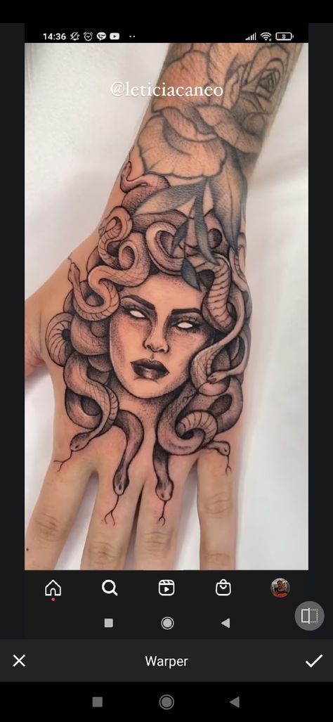 Medusa On Hand Tattoo, Medusa Hand Tattoo Stencil, Hand Tattoo Medusa, Hand Tattoos Large, Madussa Tattoo Design Hand, Madussa Hand Tattoo, Hand Tattoos Big, Medusa Hand Tattoos For Women, Skull Hand Tattoo For Women