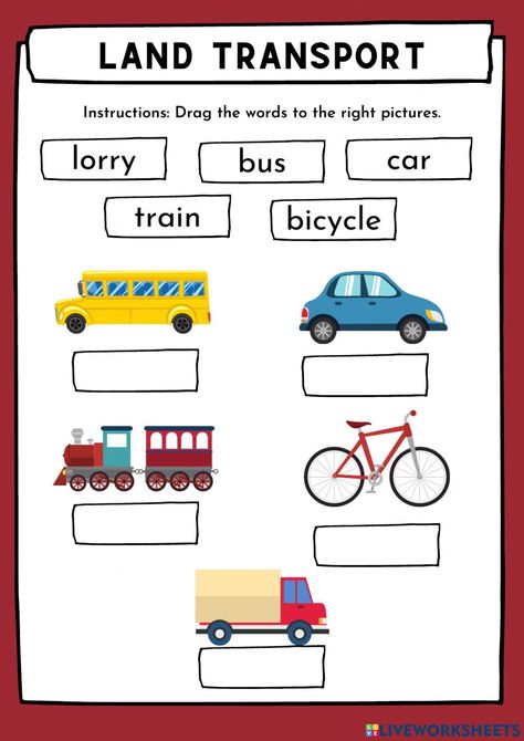 Land Transportation Worksheet, Worksheet For Preschool, Land Transport, Transportation Worksheet, Preschool Age, English As A Second Language (esl), English As A Second Language, Interactive Activities, School Subjects