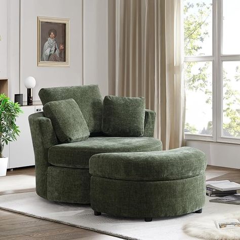 Amazon.com: Swivel Chair with Half Moon Storage Ottoman,42'' W Chenille Oversized Swivel Accent Chair,Comfy Round Swivel Barrel Chair,Modern Upholstered Single Sofa Arm Chair for Nursery,Living Room,Bedroom(Grey) : Home & Kitchen Nursery Chair, Swivel Accent Chair, Swivel Barrel Chair, Gray Bedroom, Living Room Green, Single Sofa, Green Chair, Bedroom Green, Sofa Armchair