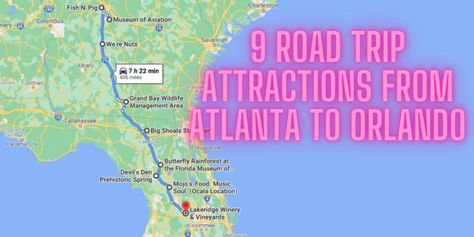 9 Road Trip Attractions From Atlanta To Orlando You Must See Hiking In Georgia, Georgia Vacation, Atlanta Restaurants, Road Trip Map, God Father, Beautiful Hikes, Long Drive, Road Trip Essentials, Diy Backdrop