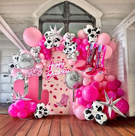 Pink Cow Decor, Barbie Horse Birthday Party, Barbie Rodeo Party, Cowgirl Tea Party, Cowgirl 7th Birthday Party, Pink Rodeo Birthday Party, 2nd Rodeo Birthday Party, Rodeo Balloons, First Rodeo Birthday Theme