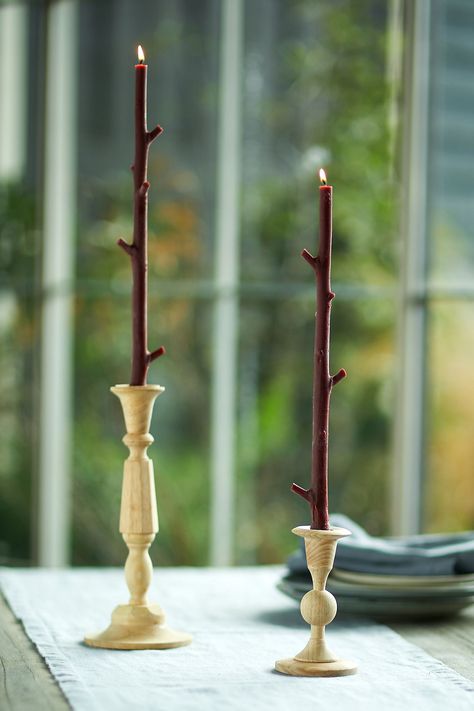 Beeswax tapers take the shape of branches, twigs, and sticks, each one cast directly from nature for an organic, earthy look. Arrives in a set of two.  Note: Original appearance, color and shine can be restored with a heat gun, hair dryer, or by passing candles under hot tap water. Lavendar Candle, Stick Candles, Beeswax Tapers, Outdoor Living Furniture, Candle Dye, Winter Table, Tap Water, Creative Living, Hand Poured Candle