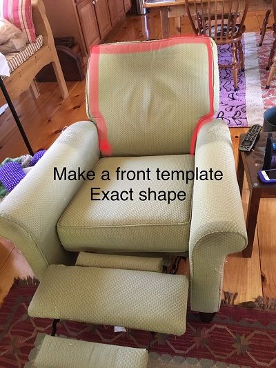 For a recliner slipcover trace the front of the seat back and add welting just like on the original chair. Diy Recliner Cover, Reclining Sofa Slipcover, Recliner Chair Covers, Recliner Couch, Recliner Cover, Reupholster Chair, Reupholster Furniture, Recliner Slipcover, Upholstery Diy