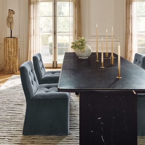 CB2 Black Marble Dining Table, Marble Dining Table, Marble Dining, Dining Table Marble, Taper Candle Holders, Velvet Dining Chairs, Higher Design, Candle Holder Set, Cleaning Upholstery