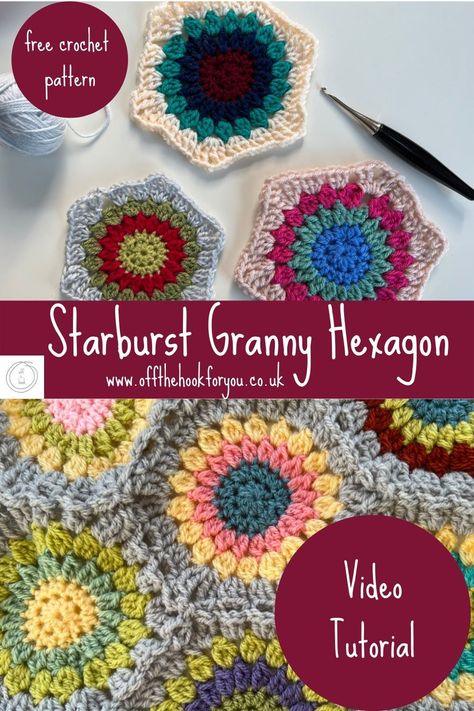 Crochet Starburst Granny Square, Crochet Hexagon Pattern, Crochet Starburst, Starburst Granny Square, Granny Square Step By Step, Granny Square Hexagon, Hexagon Crochet Pattern, Hexagon Crochet, Granny Style