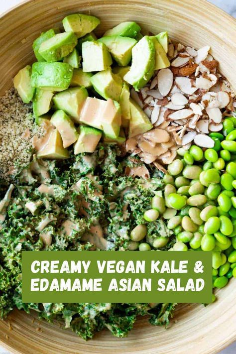 Creamy Vegan Kale & Edamame Asian Salad - Cooking For Peanuts Asian Kale Salad, Clean Salads, Beginner Vegan, Vegan Bowl Recipes, Edamame Recipes, Asian Inspired Salad, Roasted Vegetable Pasta, Quinoa Kale, Kale Quinoa Salad