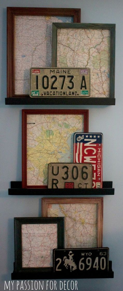 My Passion For Decor: Inexpensive Art For Hunter's Room Decorating With Maps, License Plate Crafts, Hunter Room, Displaying Photos, Travel Room, Inexpensive Art, License Plate Art, Framed Map, Map Decor