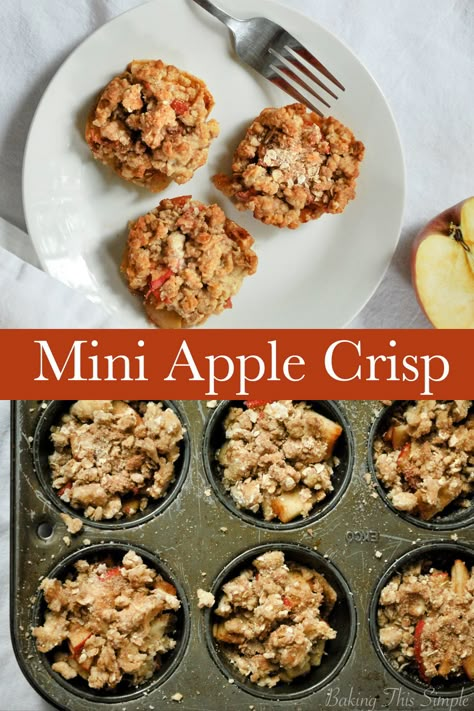 These mini apple crisp are so easy to put together and are simply delicious. The perfect bite sized dessert for any occasion. #bitesizeddessert #quickdesserts #miniapplecrisps Apple Crisp Muffin Bites, Dessert Cookoff Ideas, Easy Apple Desserts Individual, Apple Crisp Muffin Tin, Apple Crisp Cups Easy, Mini Apple Crisps In Muffin Tin, Apple Crisp In Cupcake Pan, Mini Apple Crisp Cups, Finger Desserts For Fall