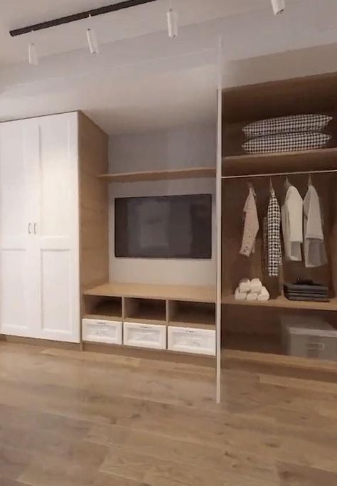 Closet For Small Rooms Bedrooms, Master Room Closet Ideas Built Ins, Closet Living Room Ideas, Modern Wall Closet Design, Built In Closet Wall Bedroom With Tv, Closet Designs With Tv, Tv And Closet Wall, Closet And Tv Wall, Built In Closet Design