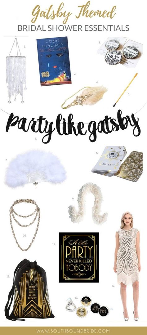 How to Throw a Great Gatsby Themed Bridal Shower | SouthBound Bride Gatsby Themed Bachelorette Party, Great Gatsby Bridal Shower Ideas, Gatsby Bridal Shower Ideas, Gatsby Bachelorette Party, Hens Party Themes, Vintage Bridal Bouquet, Party Like Gatsby, Roaring 1920s, Flapper Era