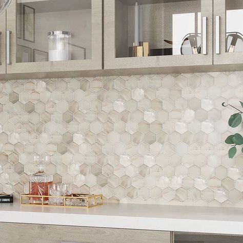 Mosaic Backsplash With White Cabinets, Modern Light Kitchen Backsplash, White Countertops Grey Backsplash, Printed Tile Backsplash Kitchen, Opal Tile Backsplash, Oyster Backsplash Kitchen, Hexagon Marble Backsplash, Diamond Shape Backsplash Kitchen, New Backsplash Ideas