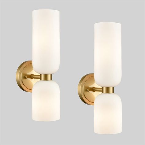 Shop 2-Pack Modern Gold Wall Sconces 2-Light Light,Milky White Glass - To Give Your Home Interior A Nostalgic Appeal. Exquisitely Crafted | Claxy Gold Wall Sconces, Crystal Wall Sconces, Light Bathroom, Bathroom Vanity Light, Bathroom Sconces, Gold Bathroom, Lighting Trends, Candle Wall Sconces, Modern Wall Sconces