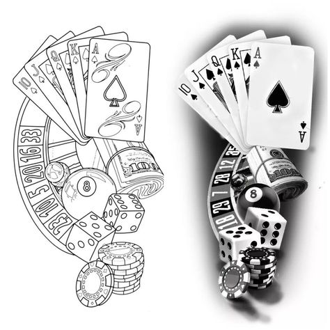 Casino Tattoo Stencil, Playing Cards Tattoo Stencil, Pool Cue Tattoo, Casino Theme Tattoo, Casino Tattoo Design, Gambling Tattoo Design, Realism Stencil, Lifes A Gamble Tattoo, Gambling Tattoos