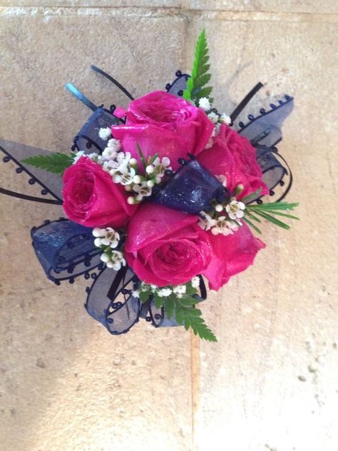 Hot pink & navy blue Prom Corsage Pink, Flowers At Wedding, Prom Flowers Corsage, Blue Corsage, Fuschia Wedding, Homecoming Flowers, Renewing Vows, Blue And Blush Wedding, Prom Corsage And Boutonniere