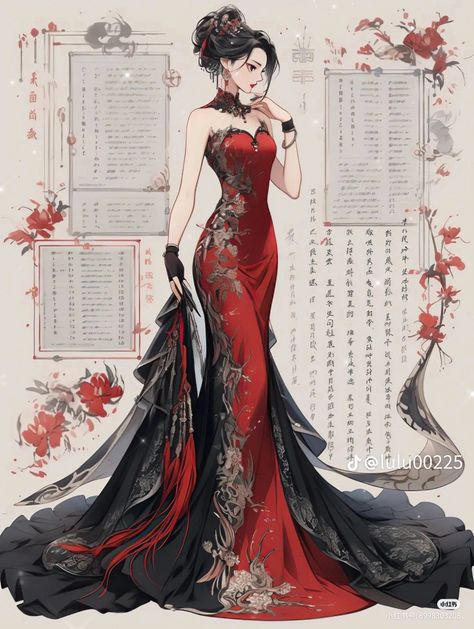 Red And Black Dress, Chinese Fancy Dress, Vestidos Anime, Dreamy Gowns, Bts Art, Clothing Design Sketches, Fashion Drawing Dresses, Drawing Anime Clothes, Dress Design Sketches