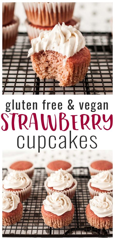 Gluten Free And Vegan Cupcakes, Vegan Gluten Free Strawberry Cake, Gluten Free Strawberry Cupcakes, Vegan Strawberry Cupcakes, Vegan Gluten Free Cupcakes, Dairy Free Buttercream, Vegan Cupcake Recipes, Fructose Malabsorption, Cake Donuts Recipe