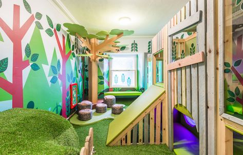 Woodland themed playroom featuring an infinity light, log stools, artificial grass and woodland artwork on the walls and windows. Woodland Playroom, Theme Playroom, Church Nursery Decor, Loft Playroom, Log Stools, Boys Playroom, Soft Play Equipment, Church Nursery, Sensory Room