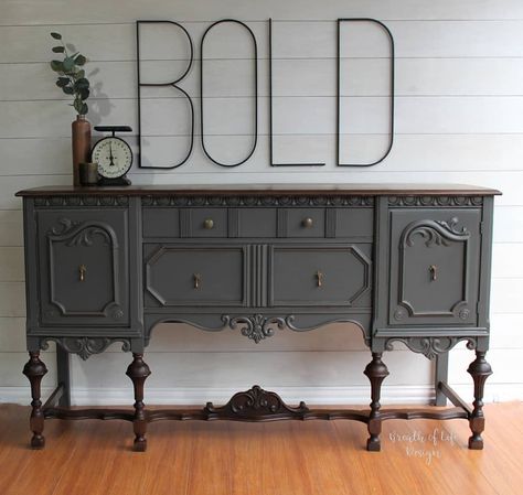 Eryn | Breath of Life Design on Instagram: “Look at this beauty! 😍 This buffet table needed some serious work (check the before photos in my stories). I had to remove a ton of veneer,…” Grey Painted Furniture, Tallboy Dresser, Buffet Makeover, Dark Grey Paint, Painted Buffet, Gray Chalk Paint, Antique Buffet, Gravel Road, Timeless Decor