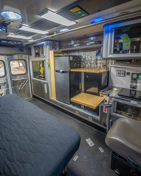 From Children's Ambulance to his Tiny Home Ambulance Van Life, Converted Ambulance Camper Van, Ambulance Conversion Campers, Ambulance Camper Conversion, Ambulance Conversion Interior, Converted Ambulance, Small Travel Trailer Remodel, Ambulance Camper, Ambulance Conversion