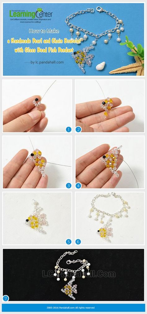 #Beebeecraft tutorial on how to make a #Handmade #Pearl and #Chain #Bracelet with #GlassBead #Fish Pendant Beaded Fish Tutorial, Fishing Jewelry, Beaded Fish, Bead Animals, Fish Bracelet, Bead Inspiration, Beautiful Beaded Jewelry, Diy Armband, Fish Jewelry