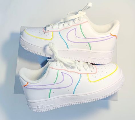 Custom Pastel Lining Nike Air Force 1 07 Any Size! Materials: Angelus Acrylic Leather Paint, Angelus Acrylic Finisher If you are interested in a specific design or custom please contact me through Etsy messages, DM me on instagram, email, or phone call Instagram: @Tyler_leilani_customz Phone: Zapatillas Nike Air Force, Air Force Shoes, Custom Shoes Diy, Nike Shoes Air Force, Trendy Shoes Sneakers, Nike Shoes Girls, Preppy Shoes, Custom Nike Shoes, All Nike Shoes