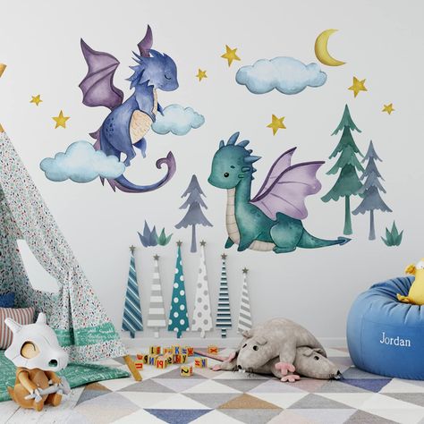 PRICES MAY VARY. Lovely Kids Room Decor: These original wall decals with cute baby dragons are designed by our professional designers with various colorful patterns and perfectly DIY a magic and unique space for your kids. These nursery wall arts are suitable for bedroom, playroom, living room, nursery room, kindergarten, school, classroom, daycare, preschool, etc. Peel And Stick: Self-adhesive decal is easy to stick on your wall! Just peel and stick decal to your wall, no need to use transfer g Boys Room Decals, Boy Room Wall Decor, Dragon Nursery, Dinosaur Wall Decals, Kids Bedroom Art, Purple Nursery, Boys Playroom, Dinosaur Wall Stickers, Dragon Wall