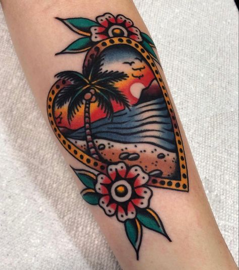 American Tattoo Ideas, Traditional American Tattoo, Sailor Jerry Tattoo, Jerry Tattoo, Tattoo Over Scar, Hawaii Tattoos, Island Tattoo, Sunset Tattoos, Sailor Jerry Tattoos