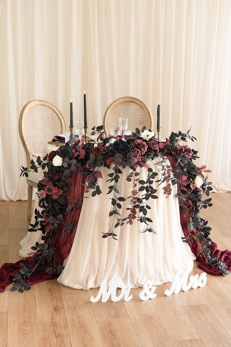 Arbor Florals, Sweetheart Table Centerpiece, Arch Arbor, Dark Romantic Wedding, Head Table Decor, Party Table Centerpieces, Sweetheart Table Wedding, Wedding Party Table, Rose Garland