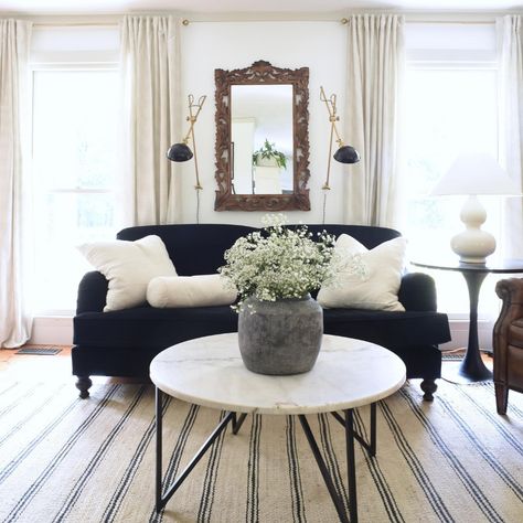 Myquillyn Smith (@thenester) • Instagram photos and videos The Nester Myquillyn Smith, White Arm Chair, Myquillyn Smith, The Nester, Black Loveseat, Organization By Room, Black Velvet Sofa, Sherrill Furniture, House Decorating