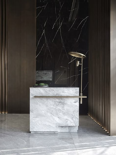 DOTHINK · DAJA ELEGANT MANSION Experience Center by GFD Modern Reception Desk Design, Host Stand, Reception Bar, Modern Reception Desk, Reception Desk Design, Hangzhou China, Lobby Reception, Modern Reception, Reception Counter